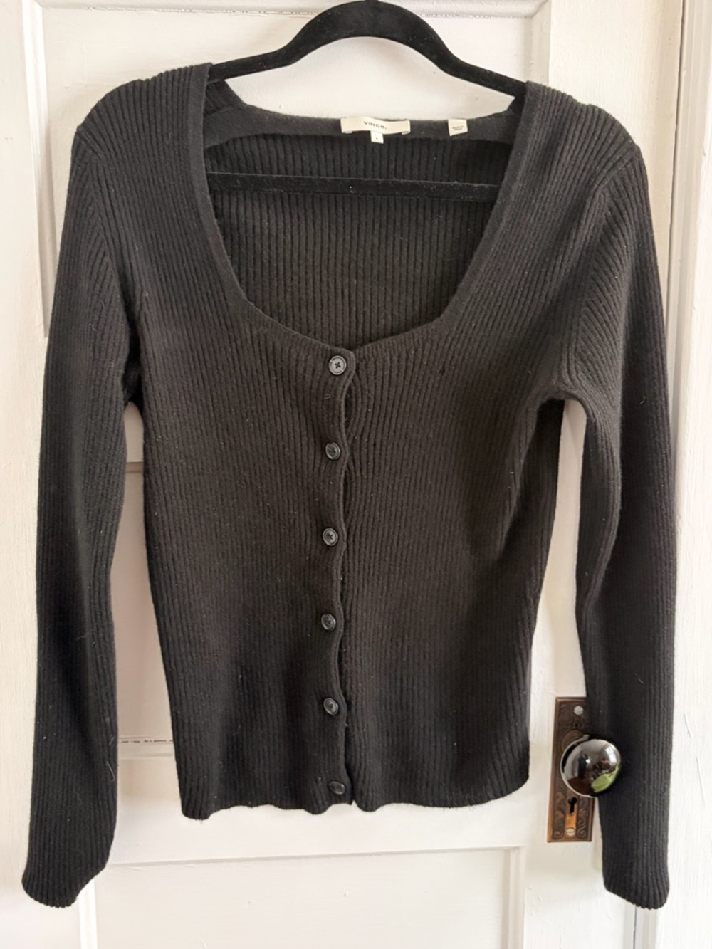 Vince Black Ribbed Scoop Neck Cashmere Cardigan